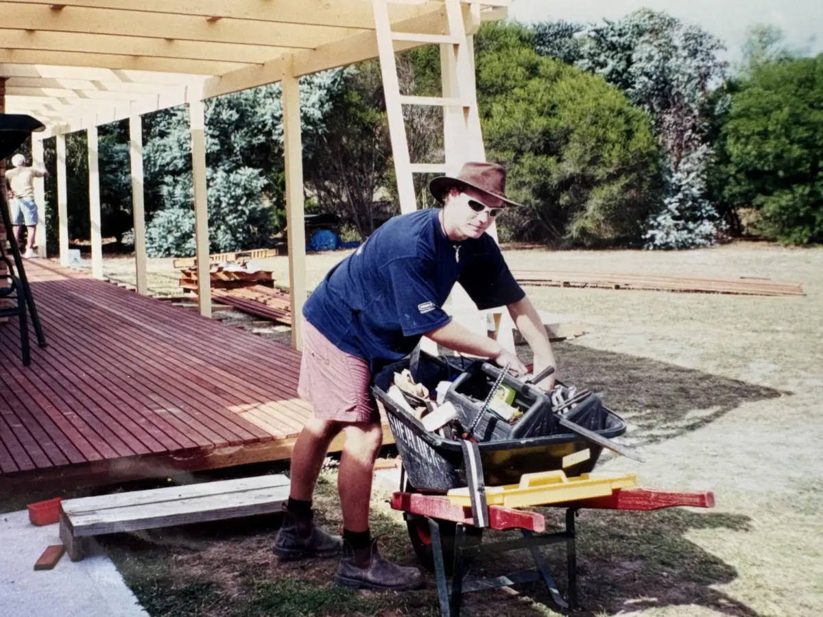 Richie during his apprenticeship, installing the roof and gutters on the rear verandah of the Langwarrin house