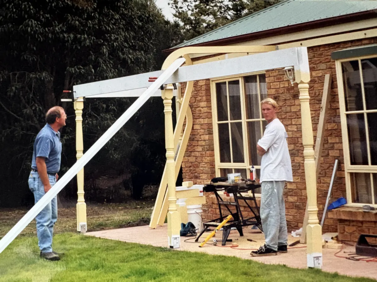Richie and his dad Paul building the verandah at the Langwarrin house