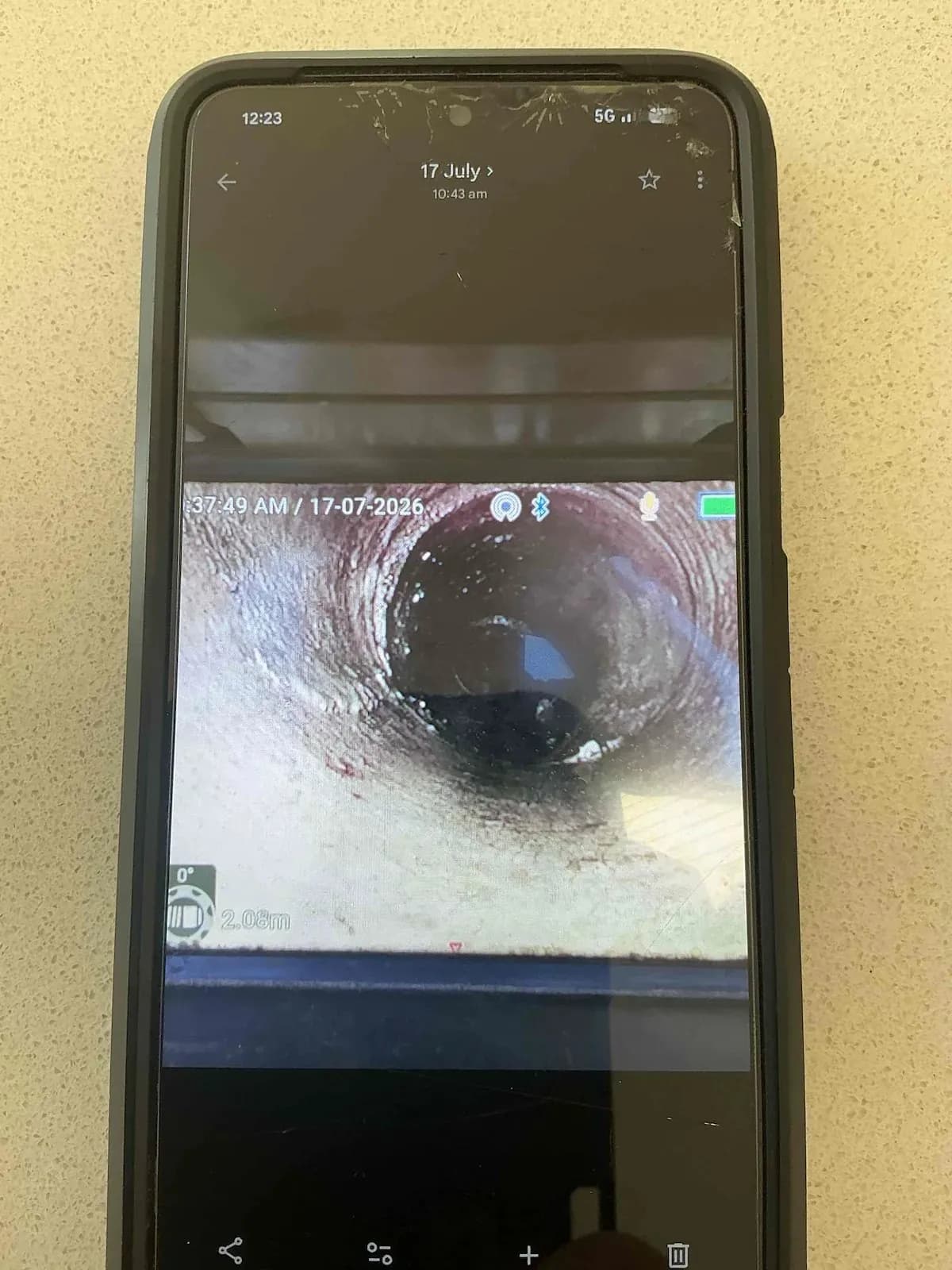Drain camera showing the sewer clear after cleaning