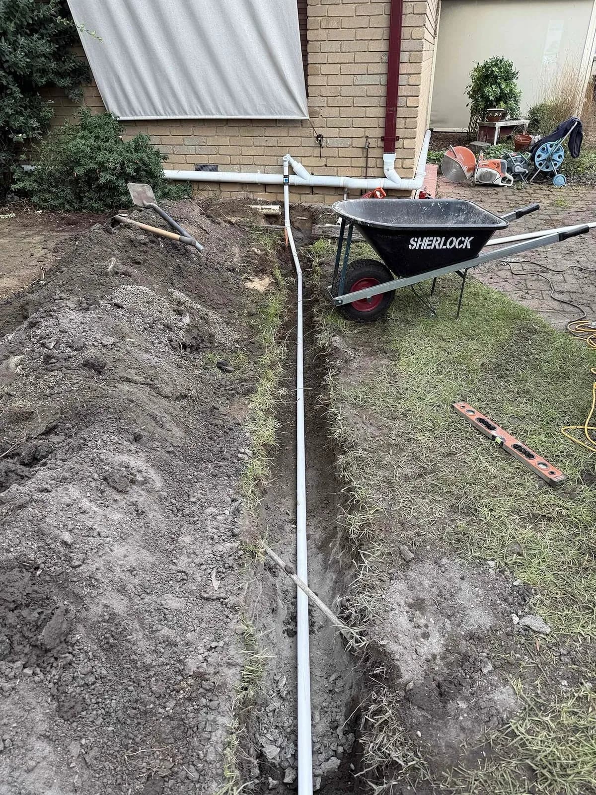 New stormwater line trenched to the downpipes