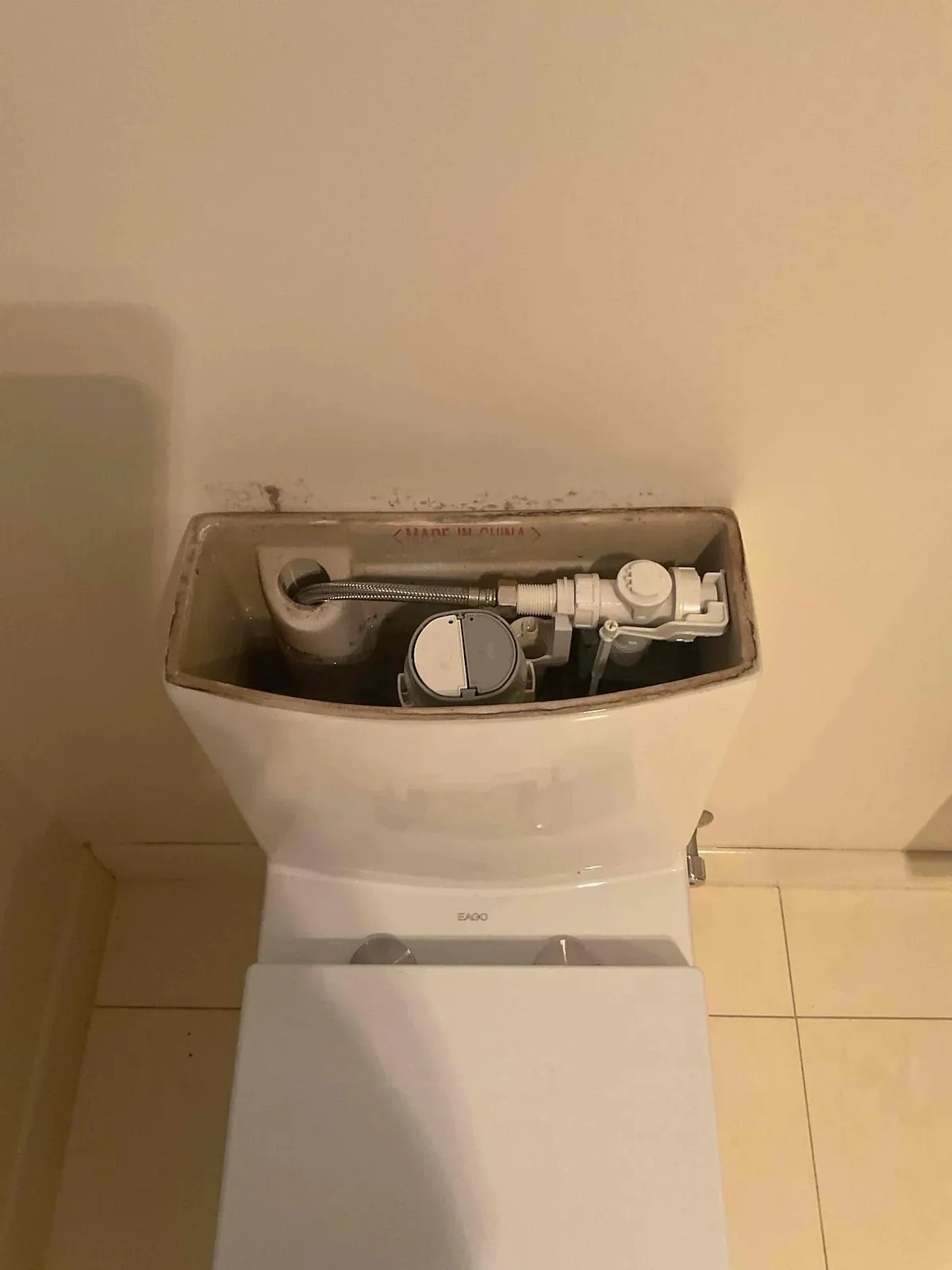 Ensuite toilet cistern open with the new internal parts