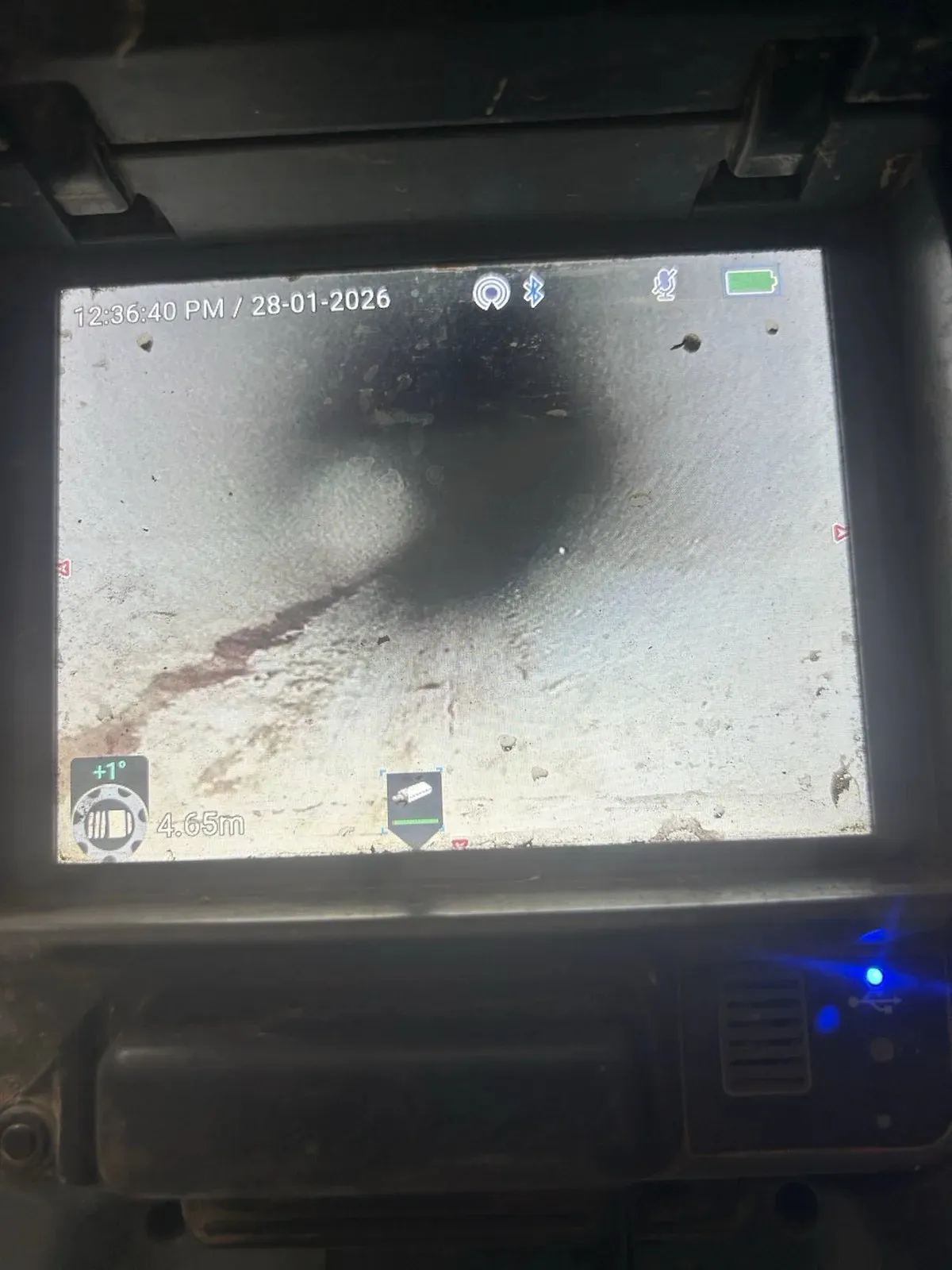 Drain camera view along the toilet drain