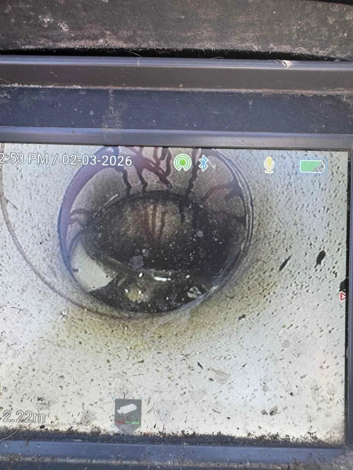 Drain camera screen showing the collapsed junction
