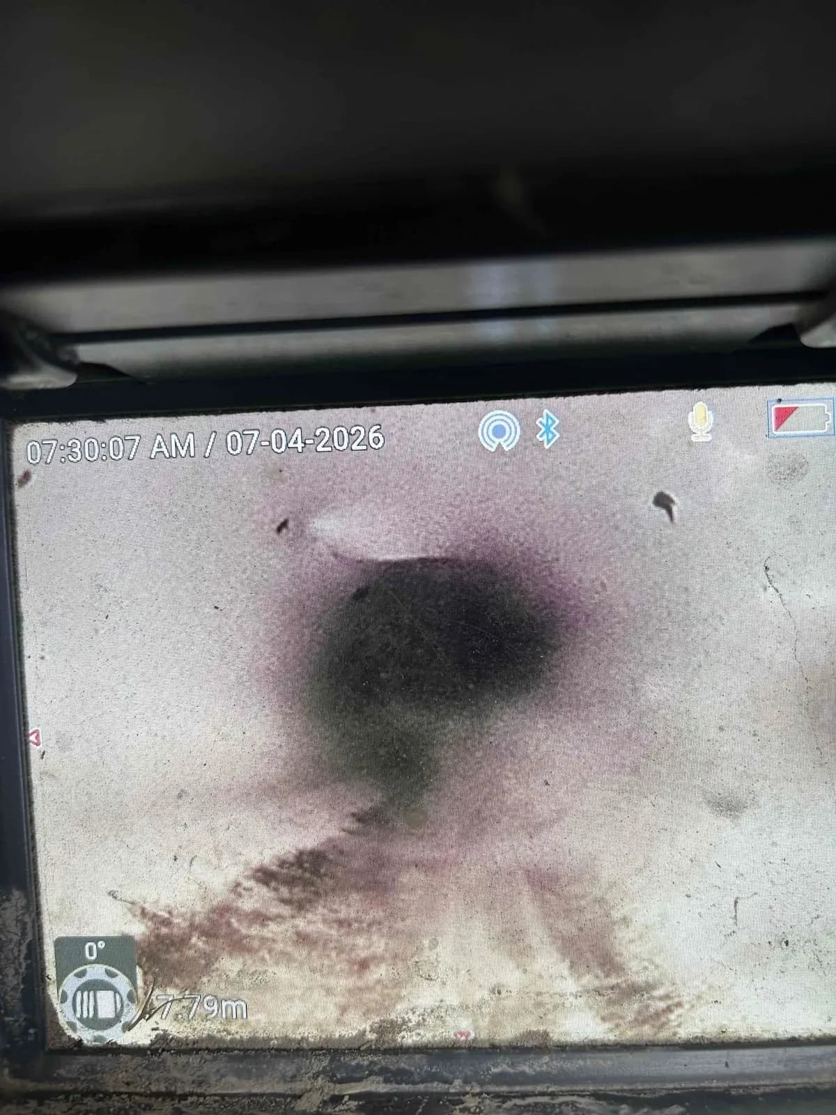 Drain camera showing the damaged section of stormwater pipe