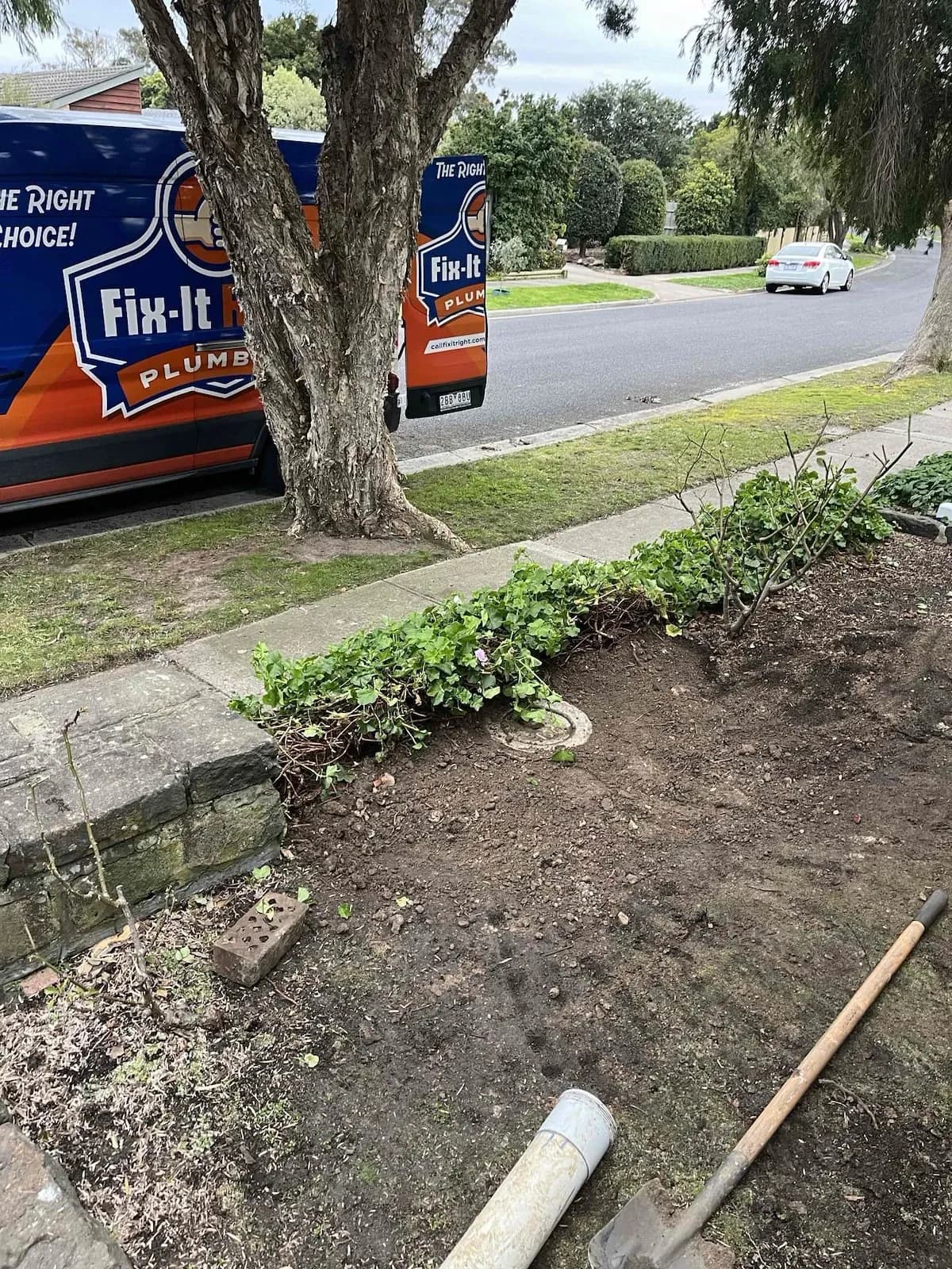 Work area in the front garden during the drain repair