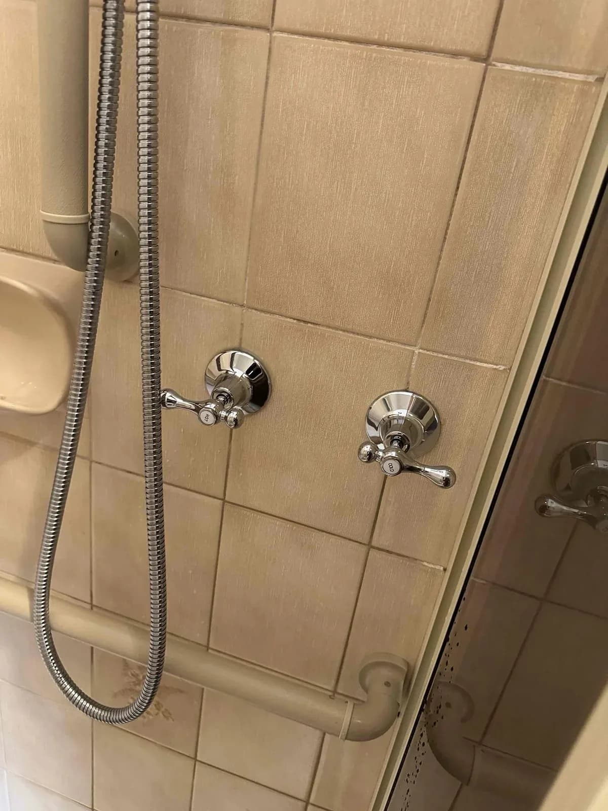 Shower taps and hand shower on a tiled wall