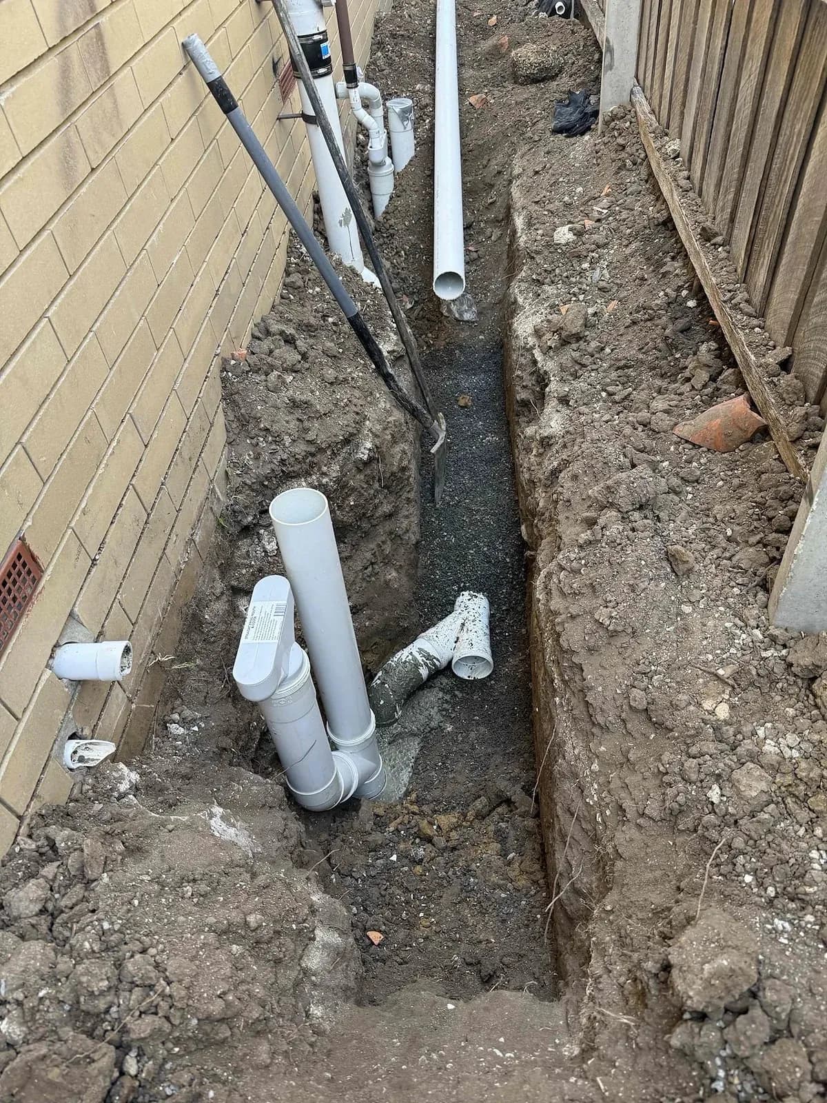 New boundary shaft and sewer pipework in the trench