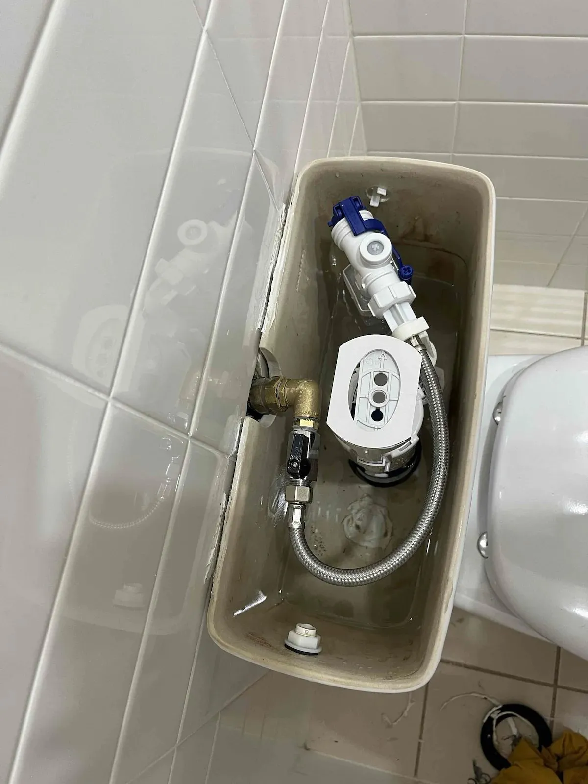Toilet cistern open with new inlet and flush valves