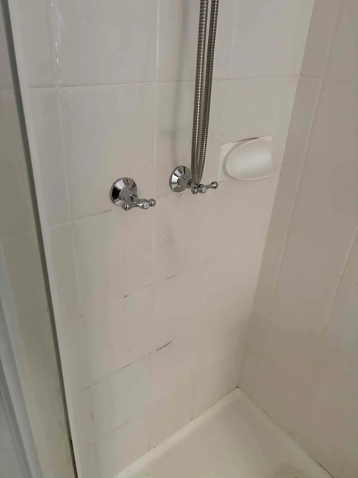 Shower taps and rail in a tiled shower
