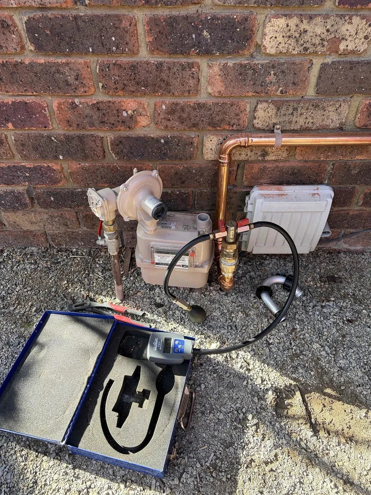 Gas meter with test gauge and new copper gas line
