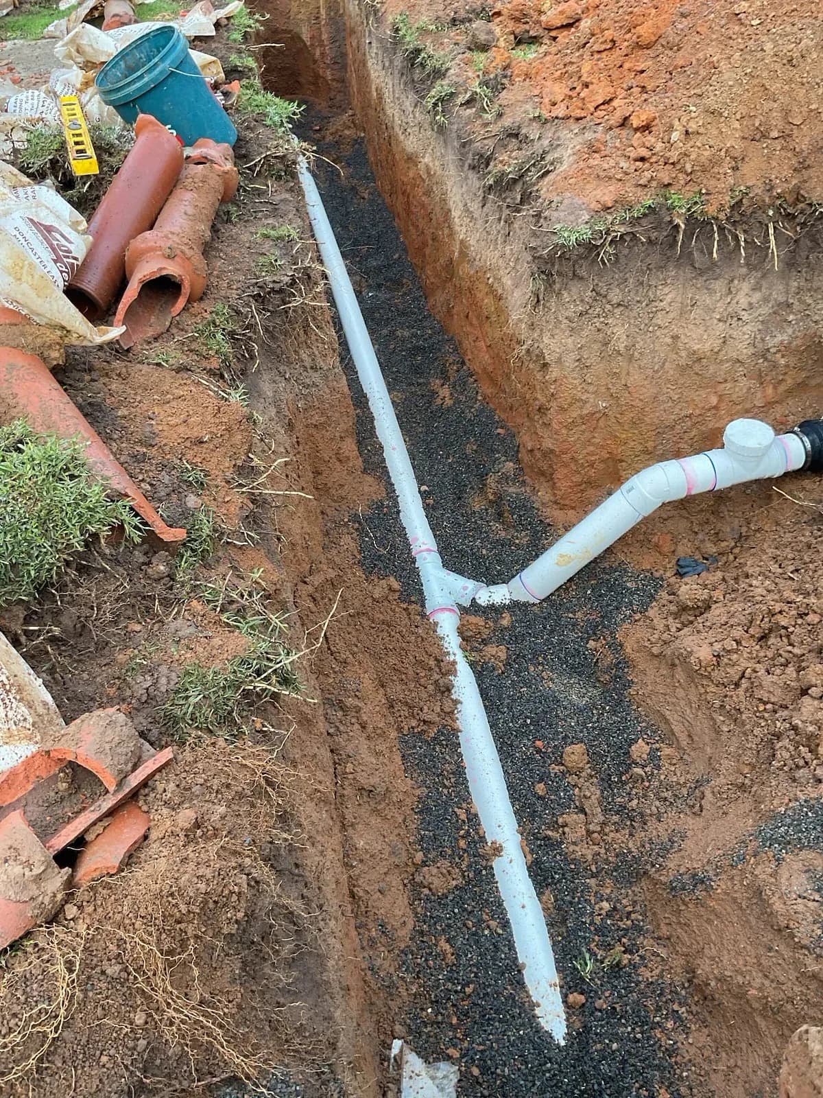 New PVC sewer line laid in a trench in Mornington