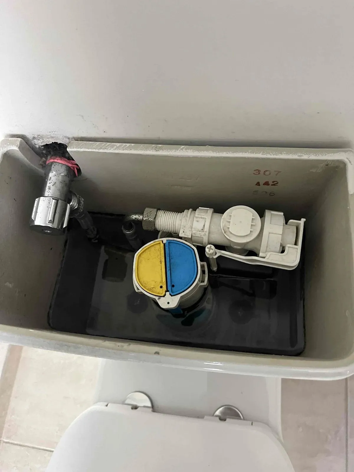 Cistern serviced with a new inlet valve and outlet seal