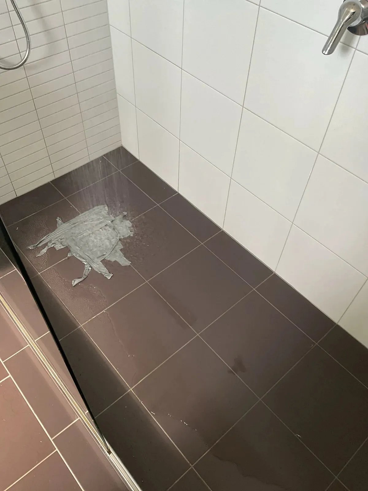 Shower floor during a tile spray test