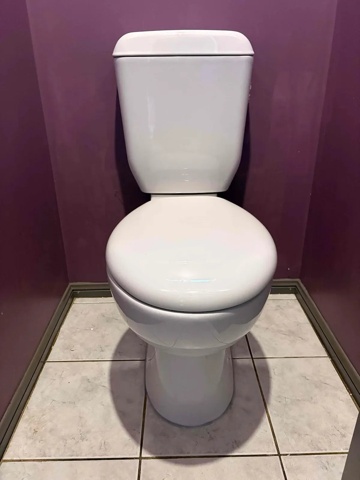 Toilet in a bathroom with purple walls