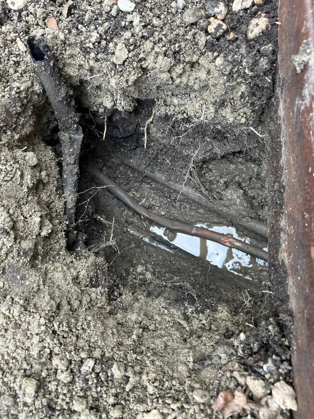 Burst copper pipe in the trench