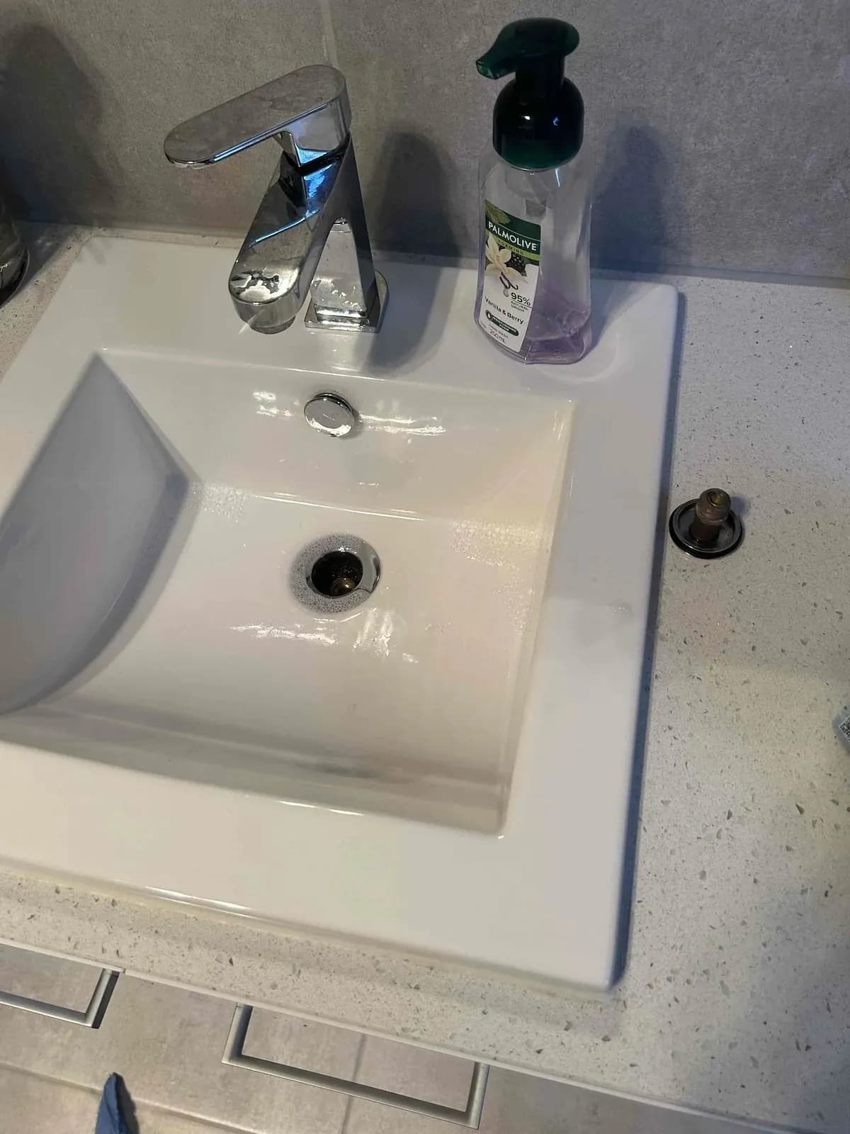 Basin running freely after the drain was cleared