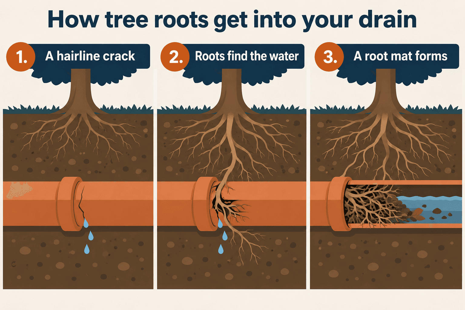 How tree roots get into a drain: a hairline crack, roots find the water, a root mat forms
