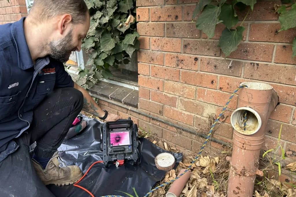 A Fix-It Right plumber showing the cause of a blockage on the drain-camera monitor