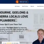 Screen capture of Fix It Right Plumbing website banner featuring owner Richie Foster in front of a modern kitchen, highlighting trusted plumbing services for Melbourne, Geelong, and Canberra, with messaging about helping homeowners choose the right plumbing solutions