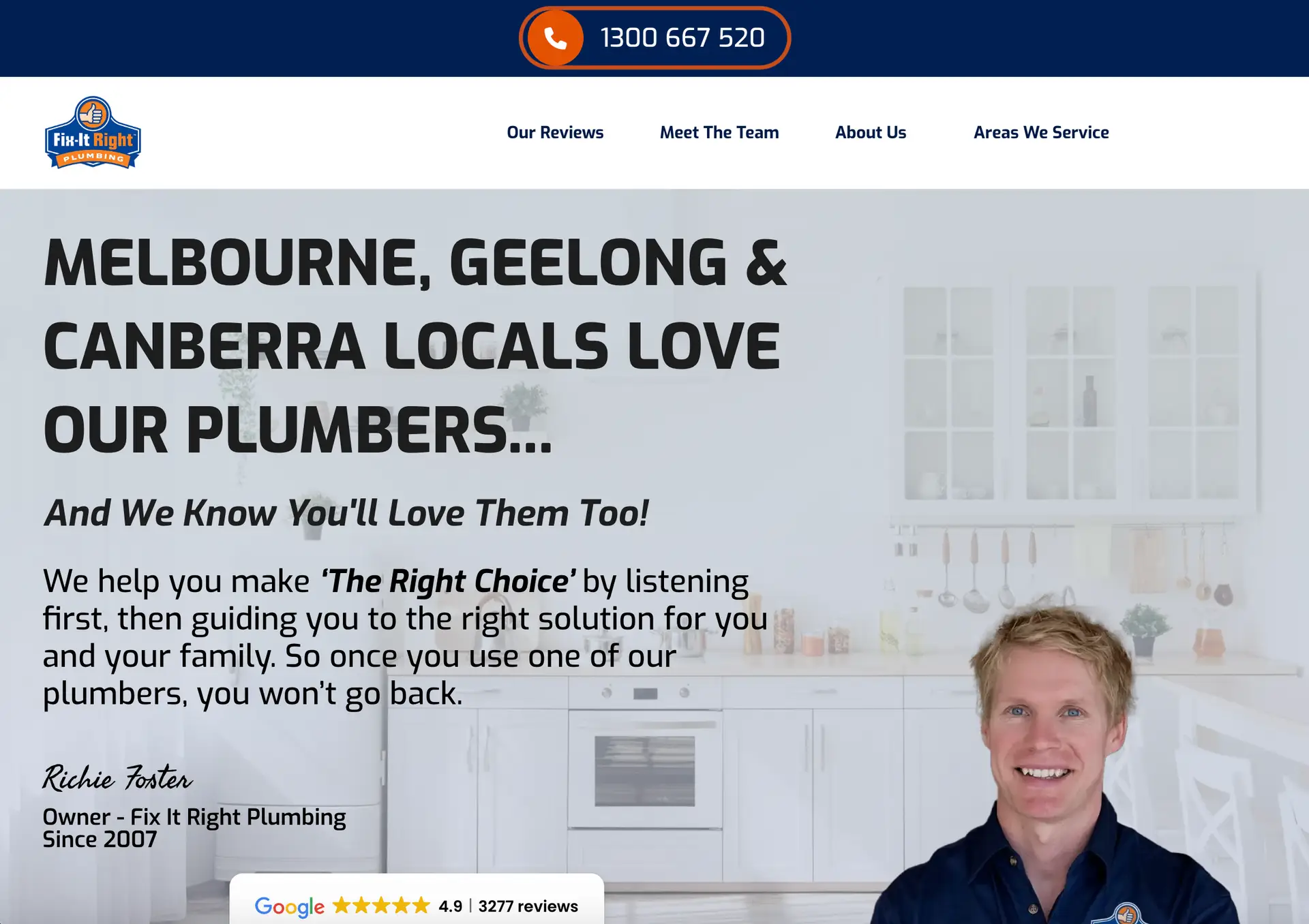 Screen capture of Fix It Right Plumbing website banner featuring owner Richie Foster in front of a modern kitchen, highlighting trusted plumbing services for Melbourne, Geelong, and Canberra, with messaging about helping homeowners choose the right plumbing solutions