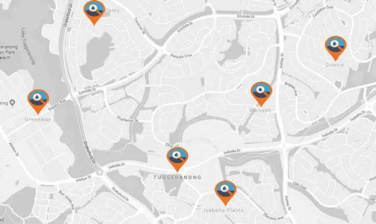 A grayscale map with six orange and blue location markers placed in areas labeled Greenway, Oxley, Gowrie, Monash, Tuggeranong, and Isabella Plains—ideal for finding a local plumber Monash with ease.