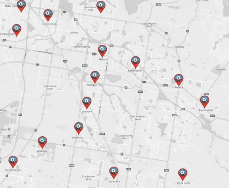 A grayscale map with red location pins marks multiple locations across various neighborhoods and roads, highlighting areas serviced by a skilled Pakenham plumber.