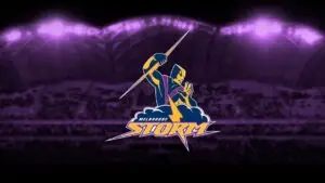 Melbourne Storm rugby team logo featuring a stylized figure holding a lightning bolt, set against a dark stadium background with purple lighting—a tribute to the Craig Bellamy Package and the team's dynamic legacy.
