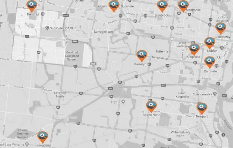 A grayscale map showing parts of Melbourne suburbs with several orange location markers indicating specific points of interest, such as a Plumber Derrimut service.