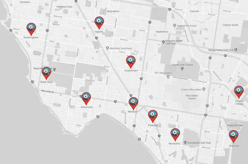 Map displaying a section of a city with ten red map pins marking specific locations, including the service area for Plumber Mentone, across various suburbs and neighborhoods.