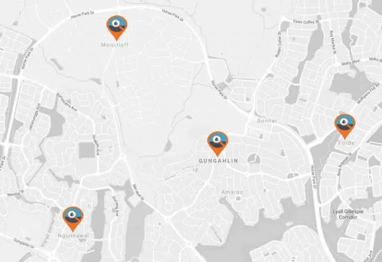 A grayscale map highlights four orange and blue markers in Moncrieff, Ngunnawal, Gungahlin, and Forde—ideal for locating trusted plumbing services Moncrieff and nearby areas.