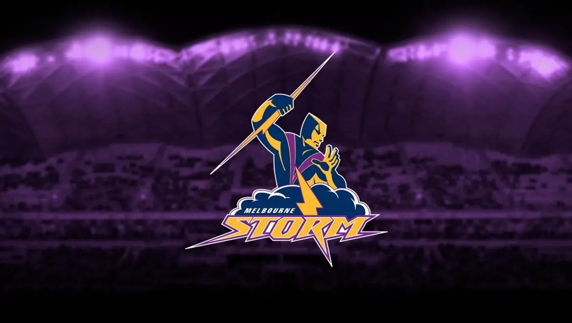 Melbourne Storm rugby team logo featuring a stylized figure holding a lightning bolt, set against a dark stadium background with purple lighting—a tribute to the Craig Bellamy Package and the team's dynamic legacy.